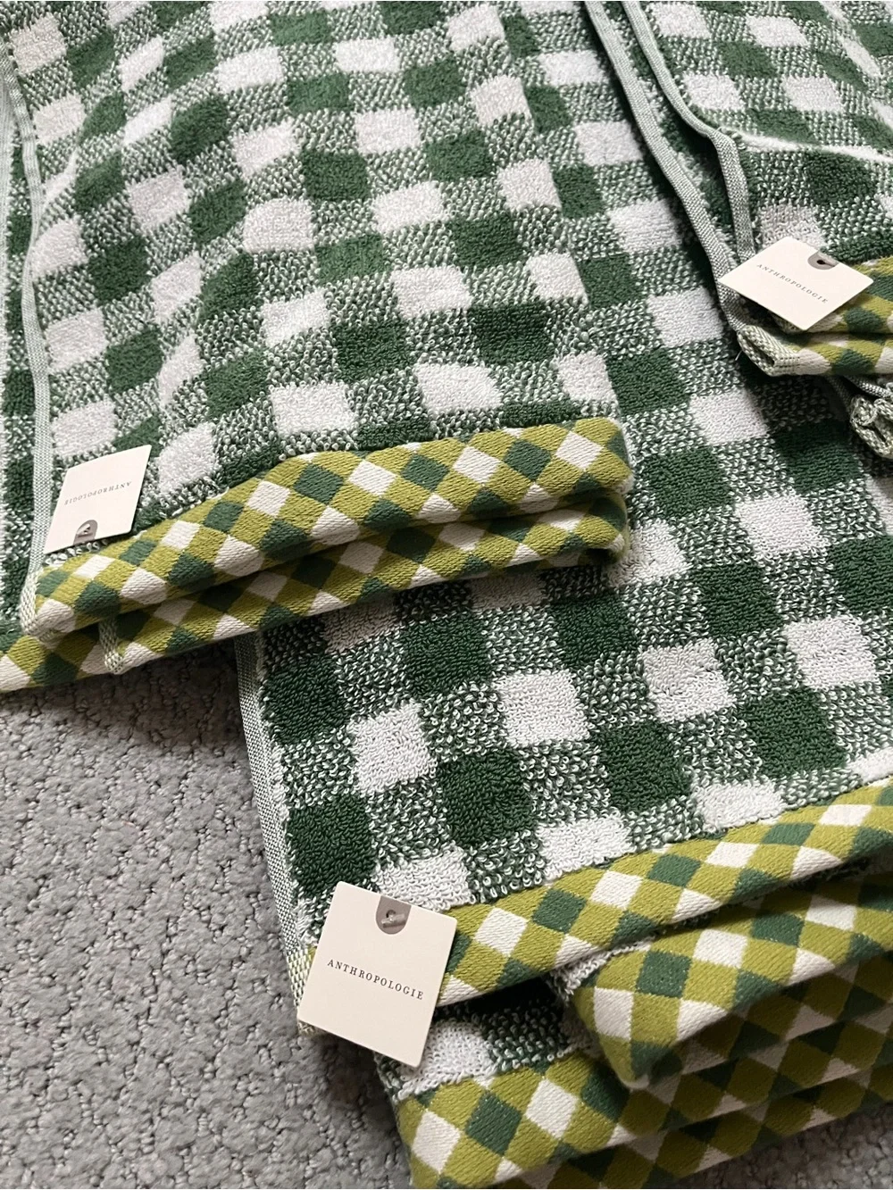Anthropologie Green and White Gingham Bath Towels